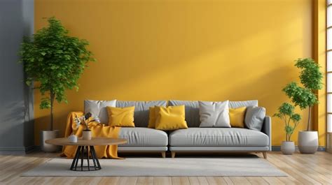 Premium Photo | Yellow wall in a living room with a gray couch and ...