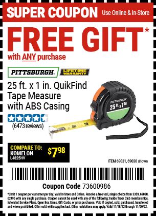 Buy any item Get PITTSBURGH 25 ft. x 1 in. QuikFind Tape Measure with ...