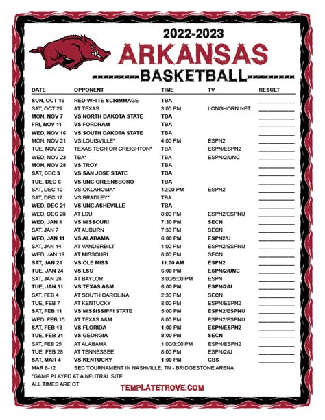 Printable 2022-2023 Arkansas Razorbacks Basketball Schedule