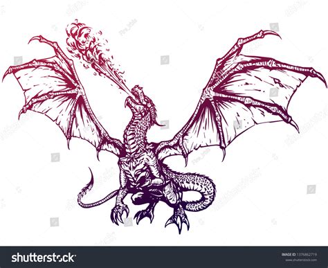 Dragon Fire Breathing Spreading Wings Tattoo Stock Vector (Royalty Free ...