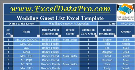 Download Wedding Guest List Excel Template - ExcelDataPro