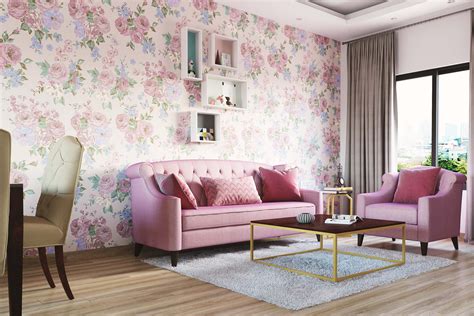 Floral Living Room Wallpaper Design In Pink | Livspace