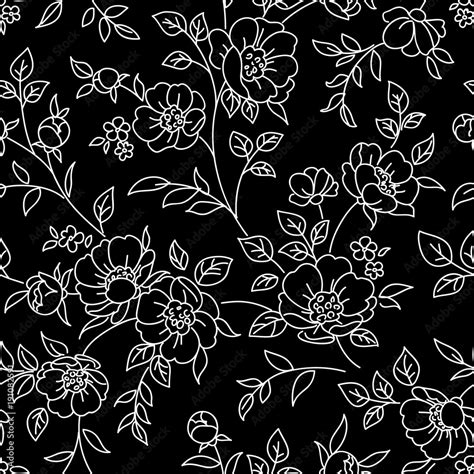 Seamless pattern with flowers. White lines on black background. Vector ...