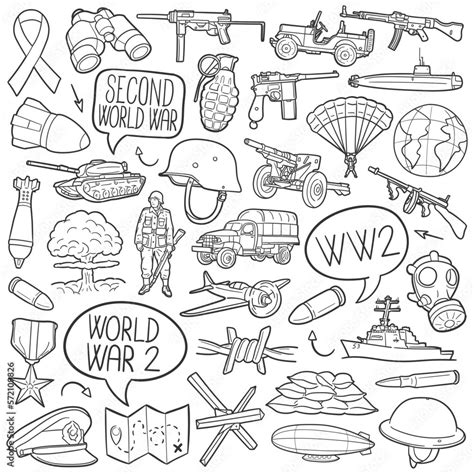 Stockvector Second World War Doodle Icons. Hand Made Line Art. WW2 ...