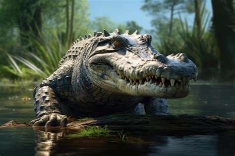 Premium AI Image | Saltwater crocodile in sunny swamp