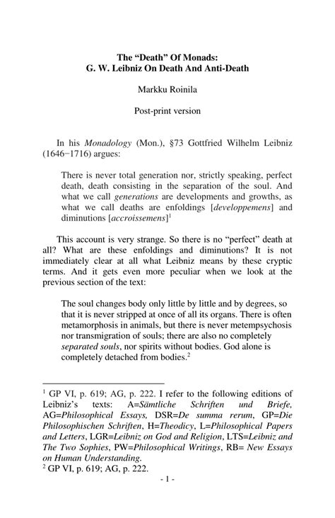 (PDF) The “Death” of Monads: G. W. Leibniz on Death and Anti-Death