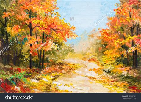 Oil Painting Autumn Forest Road Forest Stock Illustration 226632181