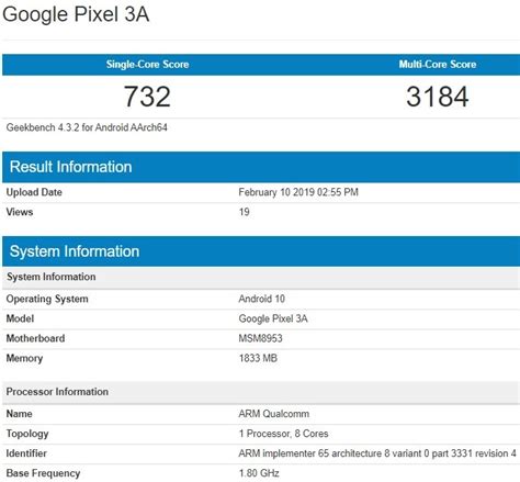 Google Pixel 3A appears on Geekbench with Snapdragon 625 SoC and Android 10