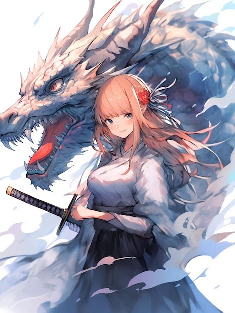 Premium Photo | Anime girl with sword and dragon in background ...