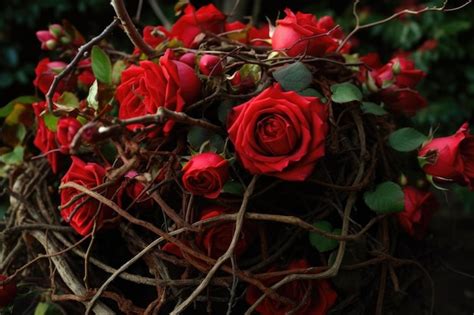 Premium Photo | A red rose bouquet bursting with petals and thorns ...