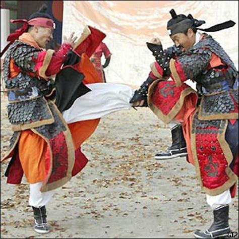 Red Scene: South Korean Martial Arts Experts in Traditional Uniform