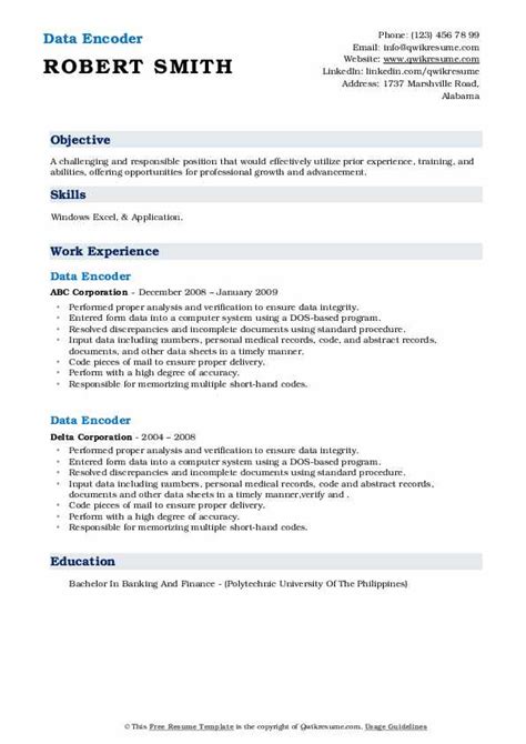 Data Encoder Resume Samples | QwikResume