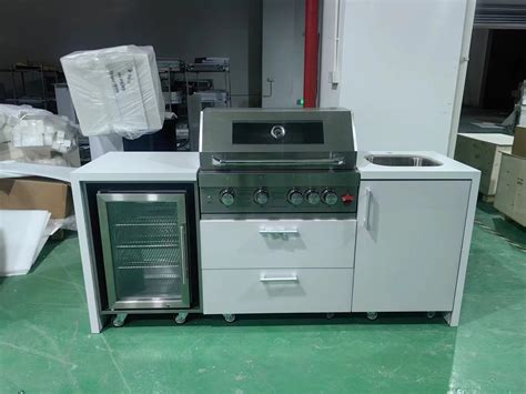 White Stainless Steel Outdoor Kitchen with Grill, Sink and Refrigerato ...