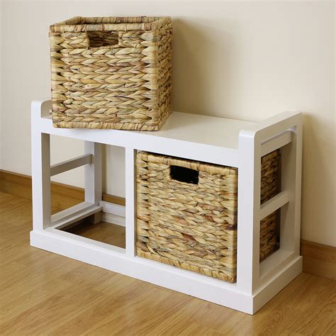 White Farmhouse Hallway/Bathroom Storage Bench Seat Wicker Cushion & 2 ...