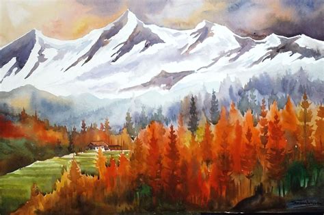 Autumn Forest & Snow Peaks - Watercolor Painting (2016) Watercolour by ...