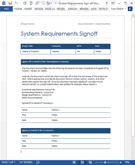 System Requirements Signoff Template – MS Word – Templates, Forms ...