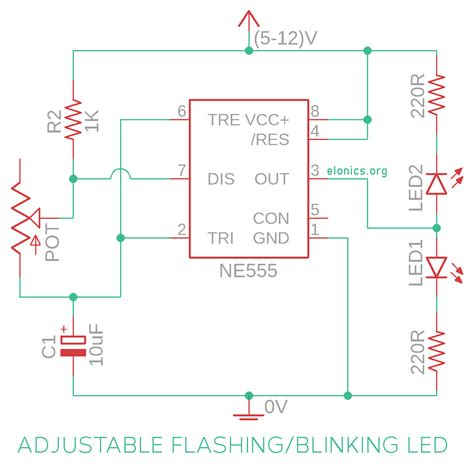 Adjustable Flashing/Blinking LED Circuit using 555 Timer IC