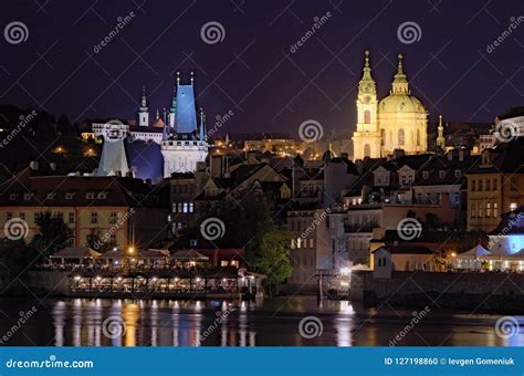 Scenic View of Night Prague. Vltava River with Many Cafes and ...