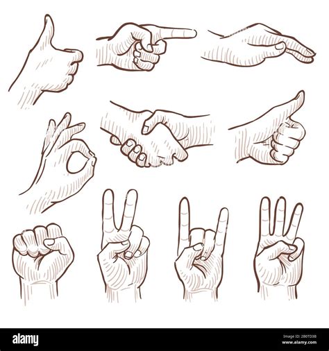 Hand drawing sketch man hands showing different gestures vector set ...