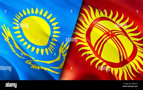 Kazakhstan and Kyrgyzstan flags. 3D Waving flag design. Kazakhstan ...