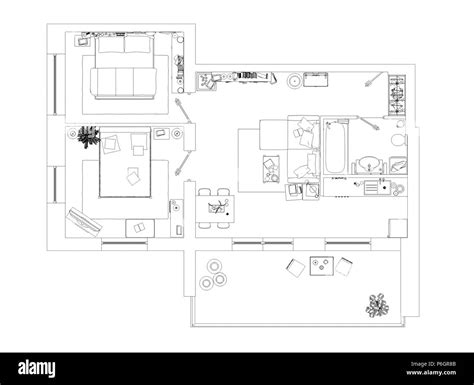 Line drawing apartment floor plan on a white background Stock Photo - Alamy