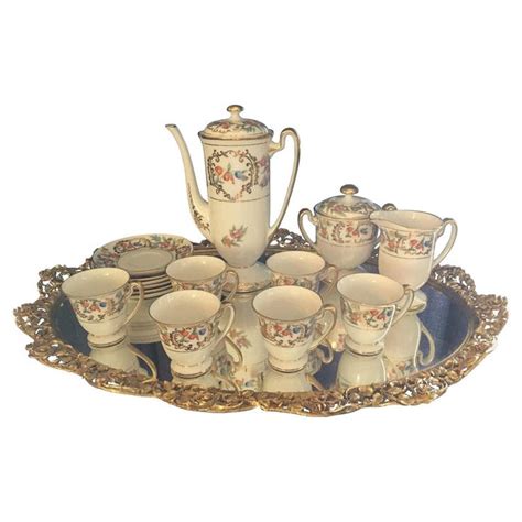 Vintage Floral China Tea Set with Brass Tray - Exquisite Fine China and ...