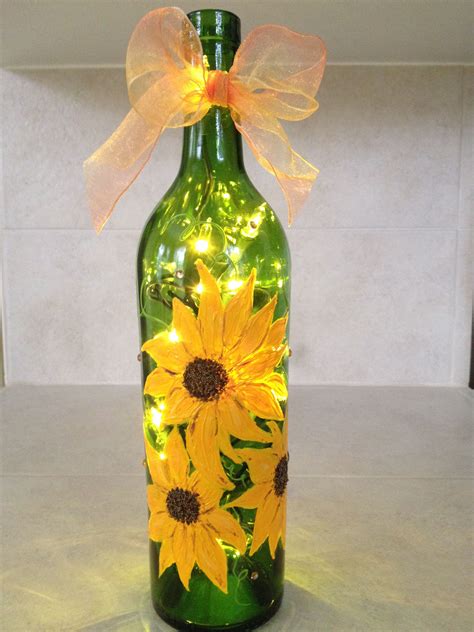 Sunflower, Lighted, Hand Painted Wine Bottle | Glass bottle crafts ...