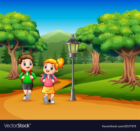 Two school children are walking on the road a fore