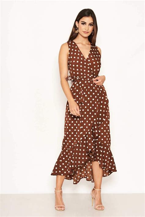 Brown Polka Dot Wrap Dress | Vestidos, Moda feminina, Moda