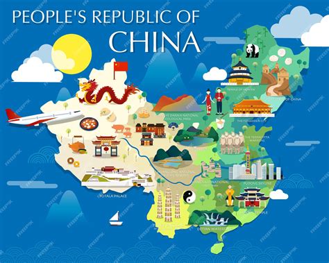 Premium Vector | People's republic of China map with colorful landmarks ...