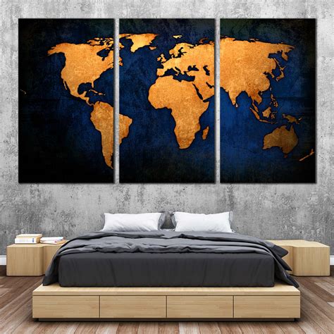 World Map Canvas Wall Art, Blue Background Map Triptych Multiple Canva ...