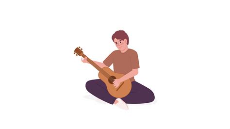 Animated pleased man playing guitar. Self teaching musical instrument ...