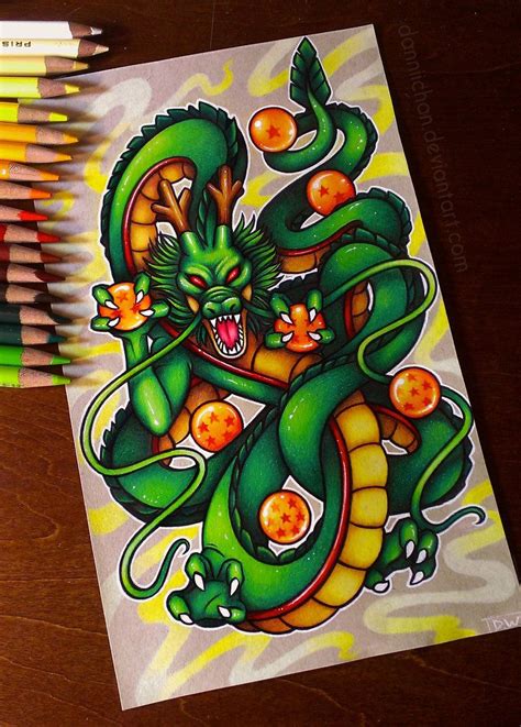 a drawing of a green dragon with oranges on it's chest and eyes