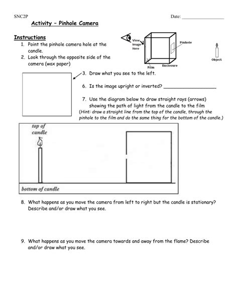 Pinhole Camera Activity Worksheet