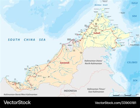 Road map sabah sarawak malaysia Royalty Free Vector Image