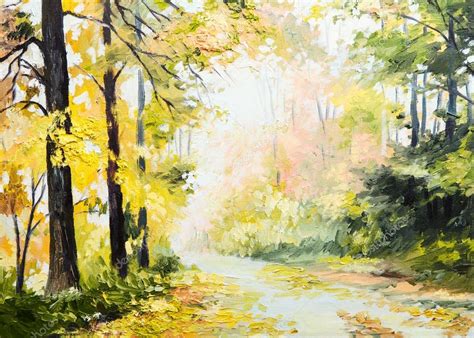 Oil painting autumn landscape, road in a colorful forest, art work ...