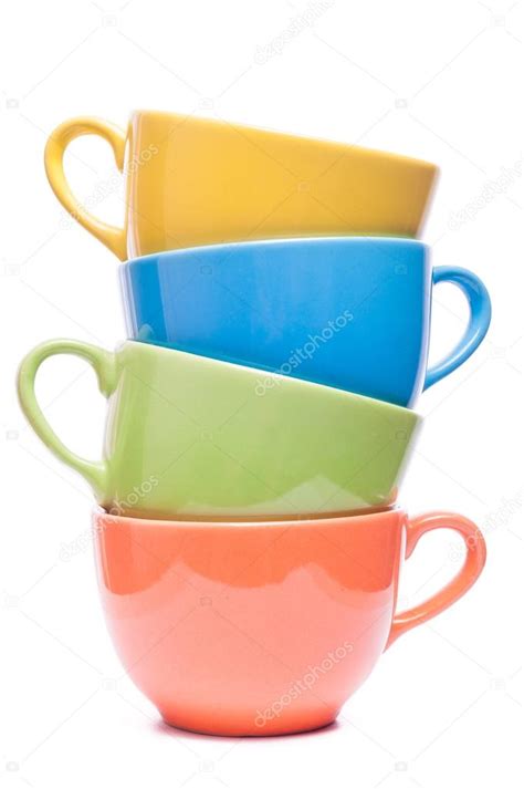 Four cups stacked. Colored mugs. Colorful image with tableware. — Stock ...