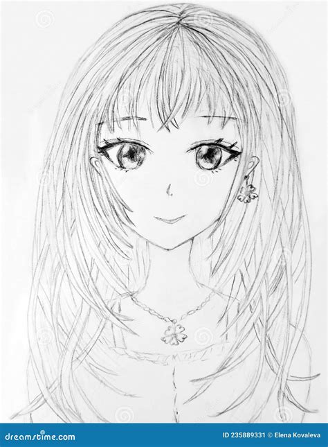 Pencil Sketch on Paper of a Portrait of a Girl in the Style of Anime ...