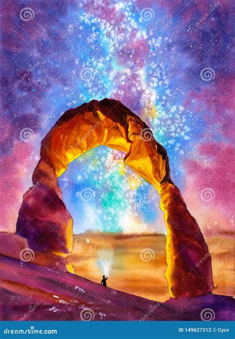 Watercolor Painting - Grand Canyon With Milky Way Galaxy Stock ...