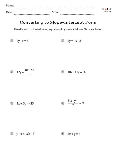 Slope Intercept Form Worksheets with Answer Key