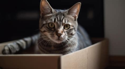 Premium AI Image | Cute grey tabby cat in cardboard box on floor at ...