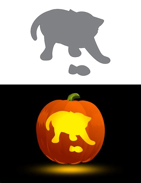 Printable Kitten Playing with a Fish Pumpkin Stencil