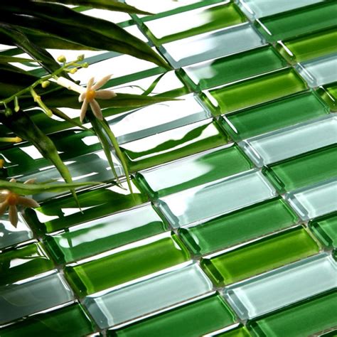 Crystal Glass Tile Brick Strip Kitchen Backsplash Tiles Green Glass ...