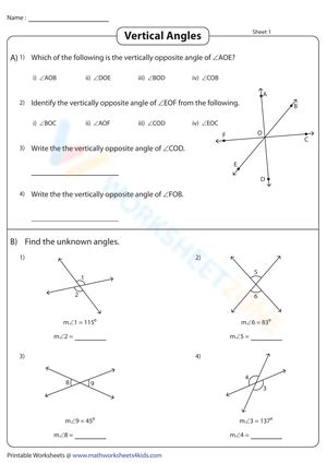 Vertical angles worksheets