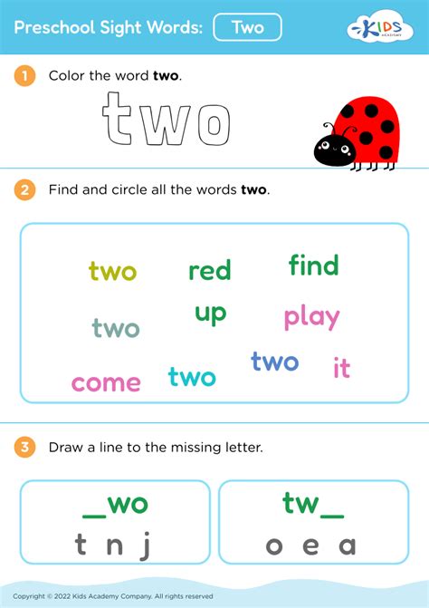 Free Preschool Sight Words: Two worksheet for Kids