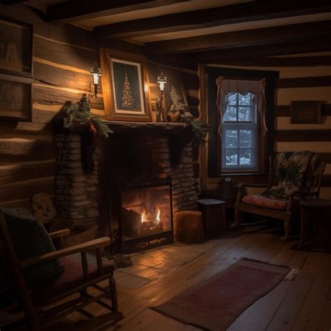 Premium AI Image | A fireplace in a log cabin