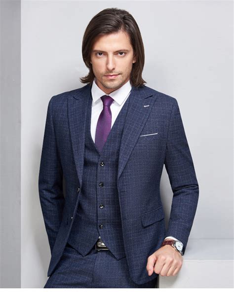 Navy Blue Plaid Men's Business Suit Formal Wear Three Pieces (Jacket+p ...