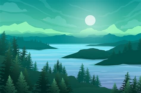 Nature Scene with River and Hills: Landscape Flat Cartoon Style ...