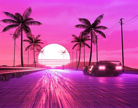 HD wallpaper: Artistic, Retro Wave, Car, Digital Art, Palm Tree, Pink ...