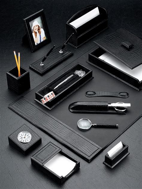 Black Croco Leather Desk Blotter and Accessories Set